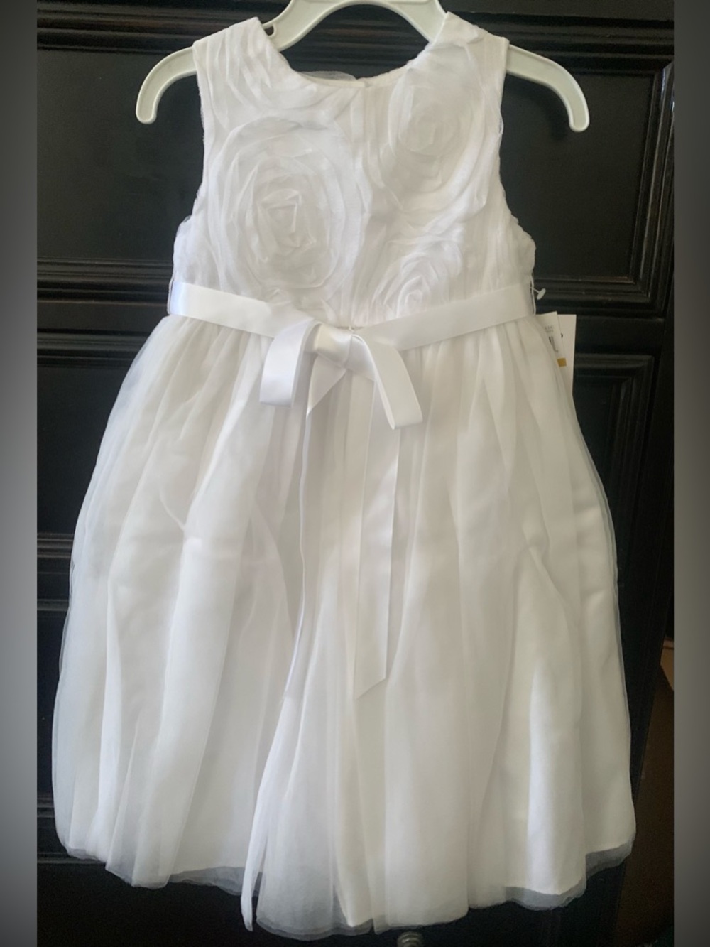 Tevolio White Floral Bodice Tulle Dress with Satin Bow